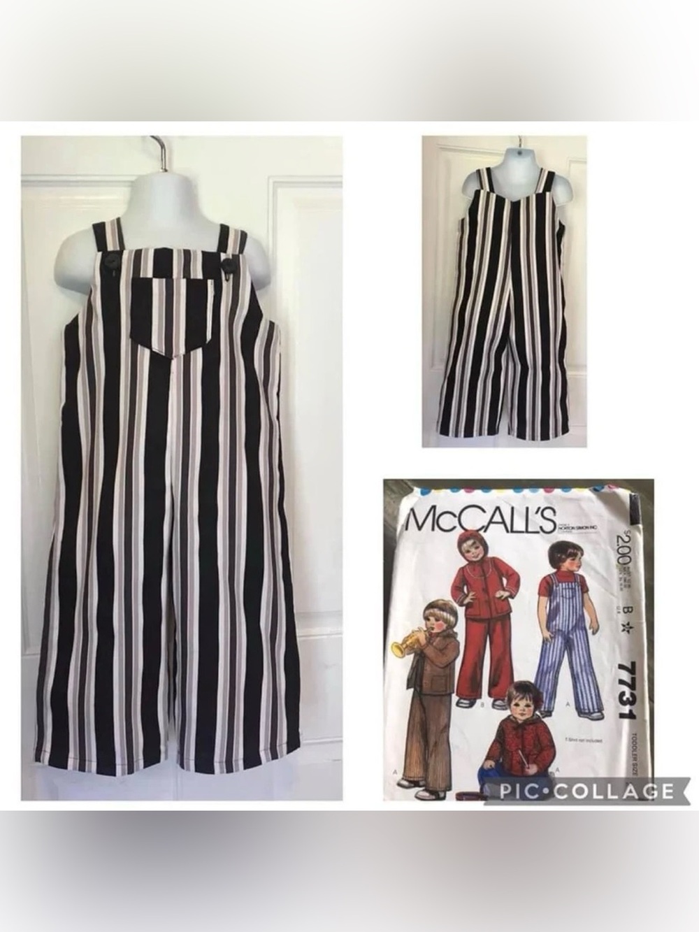 Size 2 NWOT Custom Made Black/gray/White stripe  Overalls Sewn from 1981 pattern